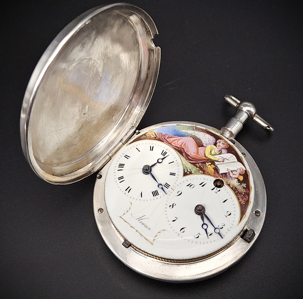 Orologio con doppio fuso orario e quadrante dipinto Firmato "Meuron",  XVIII secolo-photo-4