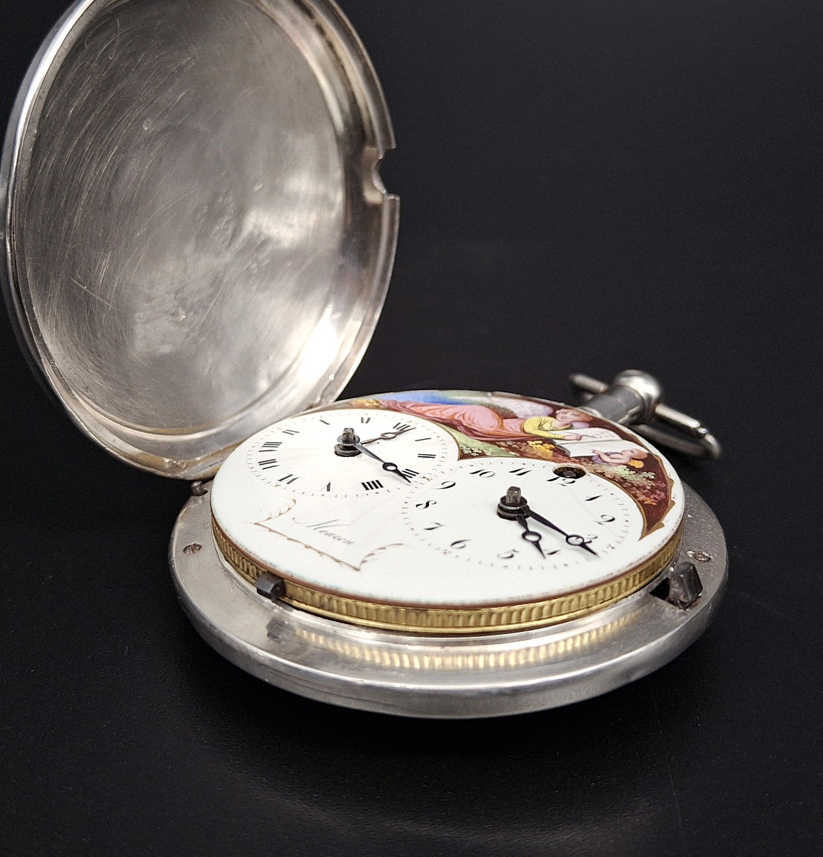 Orologio con doppio fuso orario e quadrante dipinto Firmato "Meuron",  XVIII secolo-photo-8