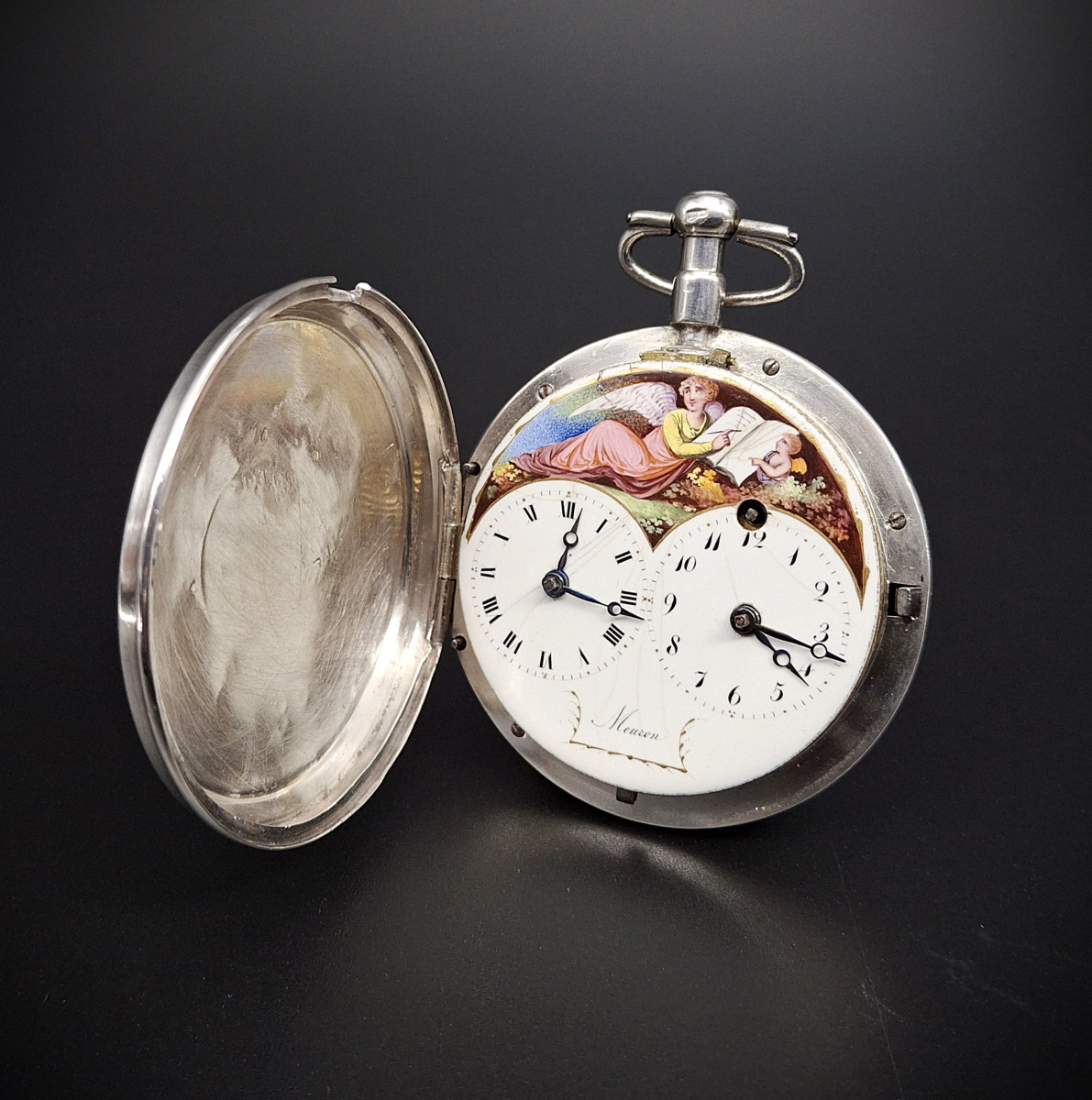 Orologio con doppio fuso orario e quadrante dipinto Firmato "Meuron",  XVIII secolo