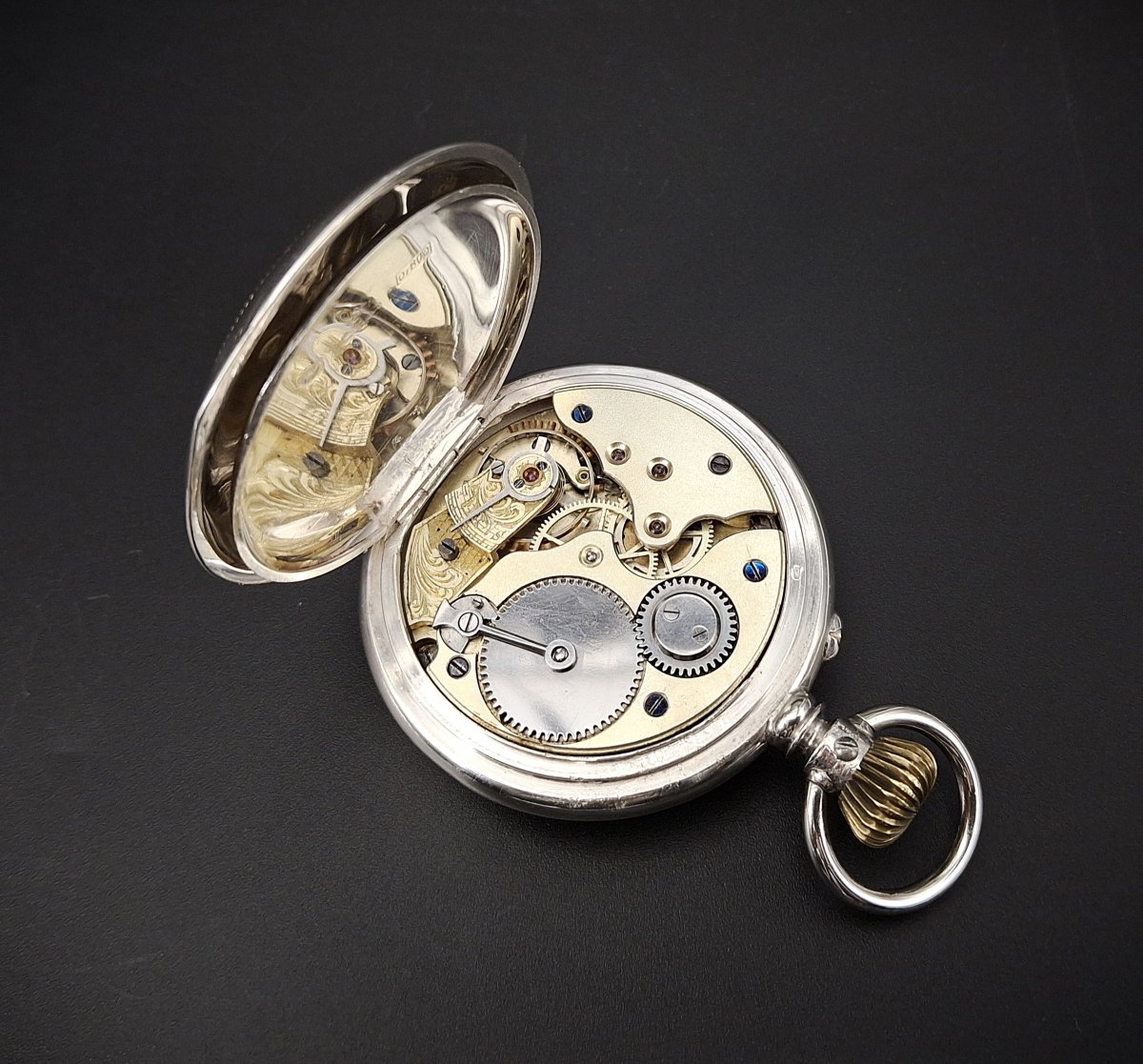 Raro orologio da tasca saltarello con ore e minuti saltanti, sistema A. Kaiser, 1890-photo-2