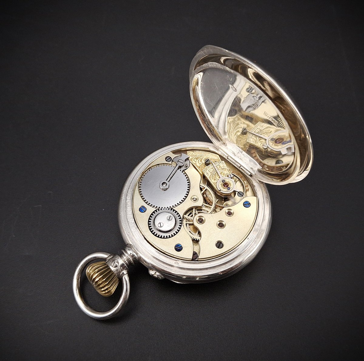 Raro orologio da tasca saltarello con ore e minuti saltanti, sistema A. Kaiser, 1890-photo-3