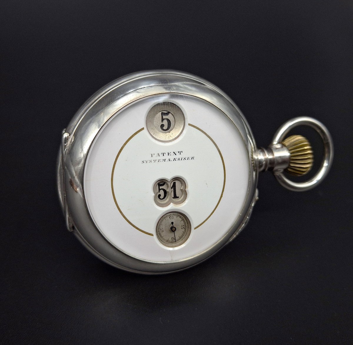 Raro orologio da tasca saltarello con ore e minuti saltanti, sistema A. Kaiser, 1890-photo-6