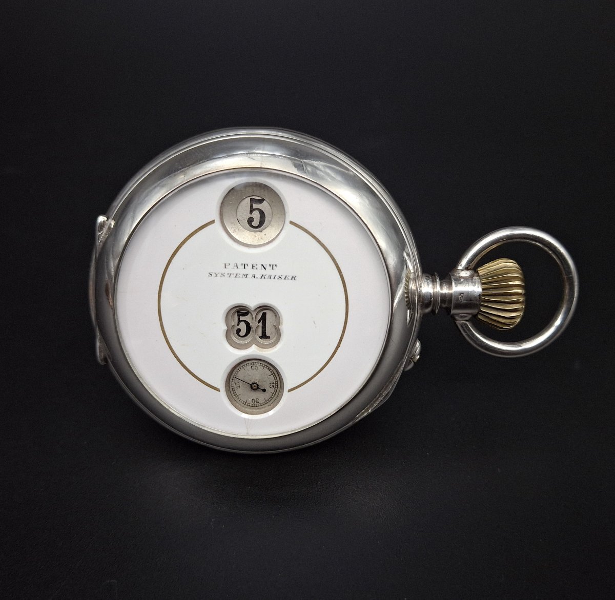 Raro orologio da tasca saltarello con ore e minuti saltanti, sistema A. Kaiser, 1890-photo-7