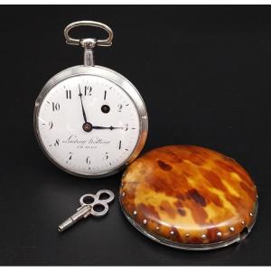 Grande orologio da tasca a verga con cassa in tartaruga e argento,  epoca fine 700