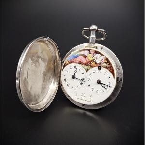 Orologio con doppio fuso orario e quadrante dipinto Firmato "Meuron",  XVIII secolo