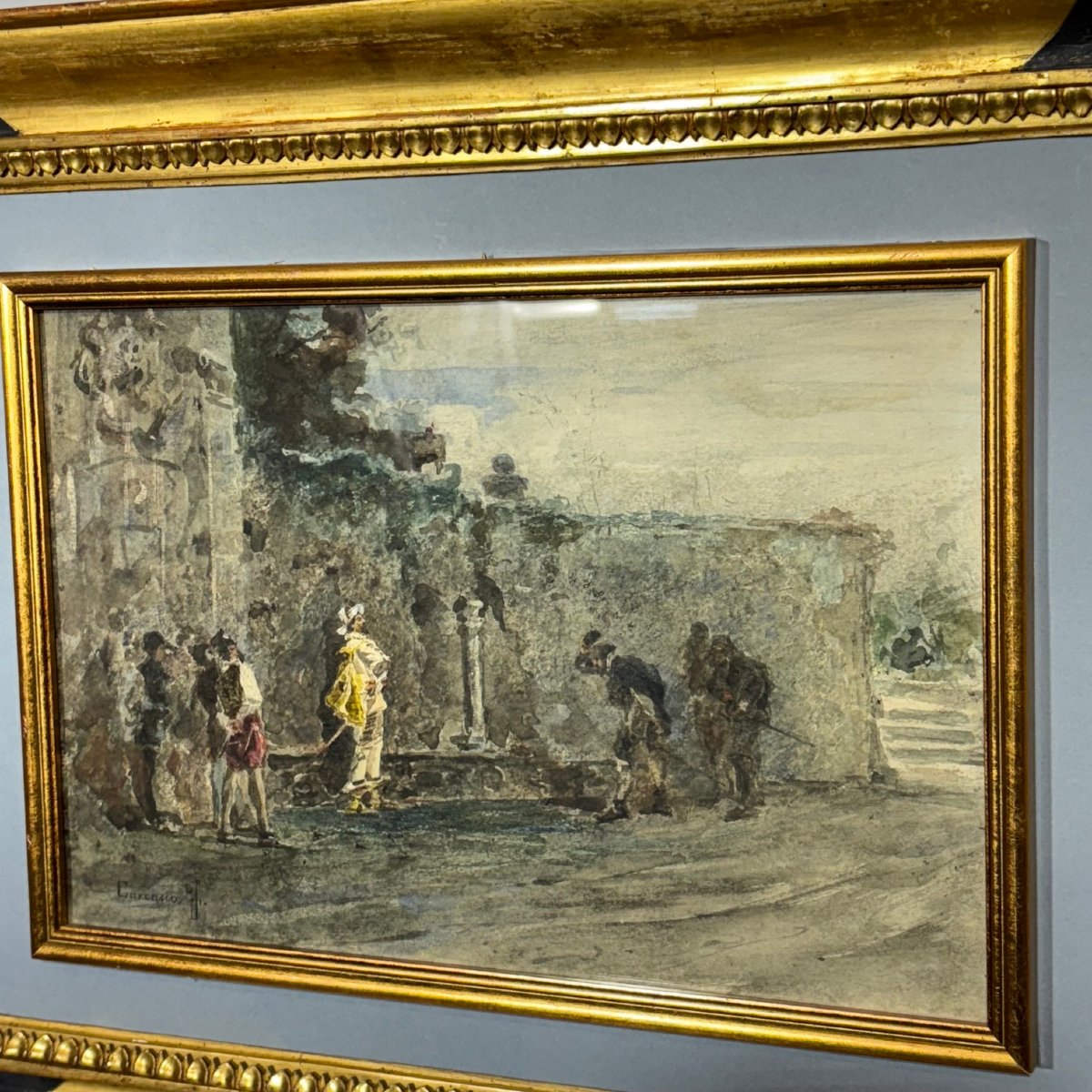 Antico Dipinto Acquerello Filippo Carcano (Milano 1840 – 1914 ).Plebe e Nobiltà . Mis 35 x cm 2-photo-2