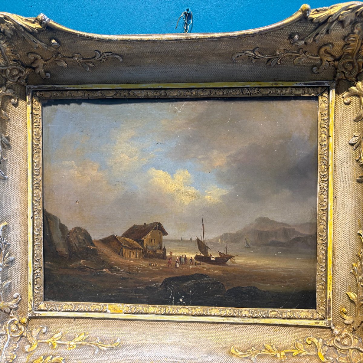 Antico paesaggio dipinto olio su tela  fiammingo marina e montagna firmato 1835. Mis 32,50 x 37-photo-2