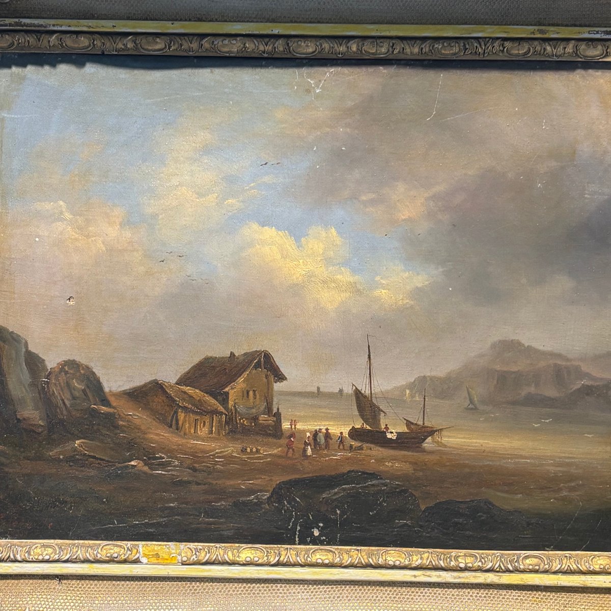 Antico paesaggio dipinto olio su tela  fiammingo marina e montagna firmato 1835. Mis 32,50 x 37-photo-3