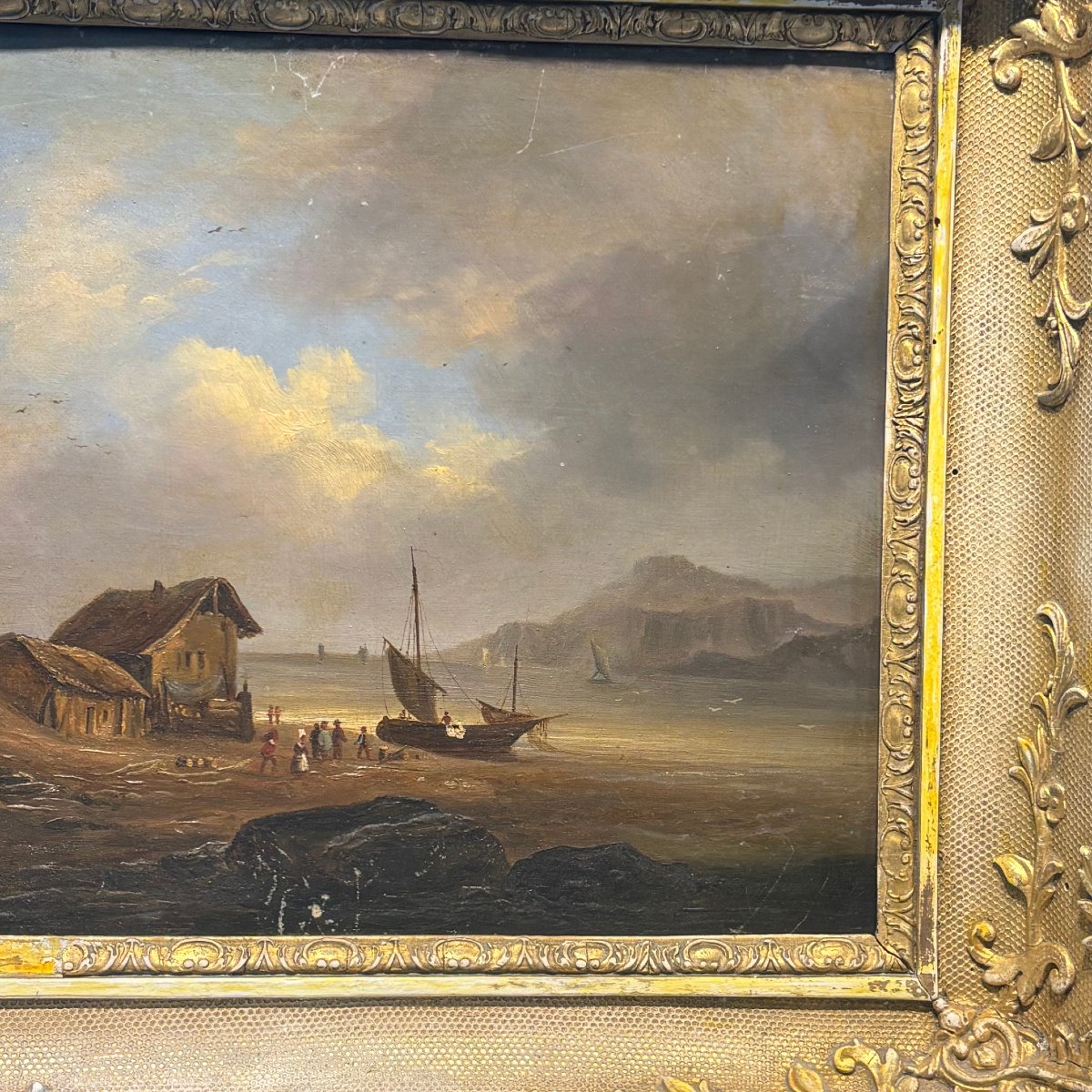 Antico paesaggio dipinto olio su tela  fiammingo marina e montagna firmato 1835. Mis 32,50 x 37-photo-1