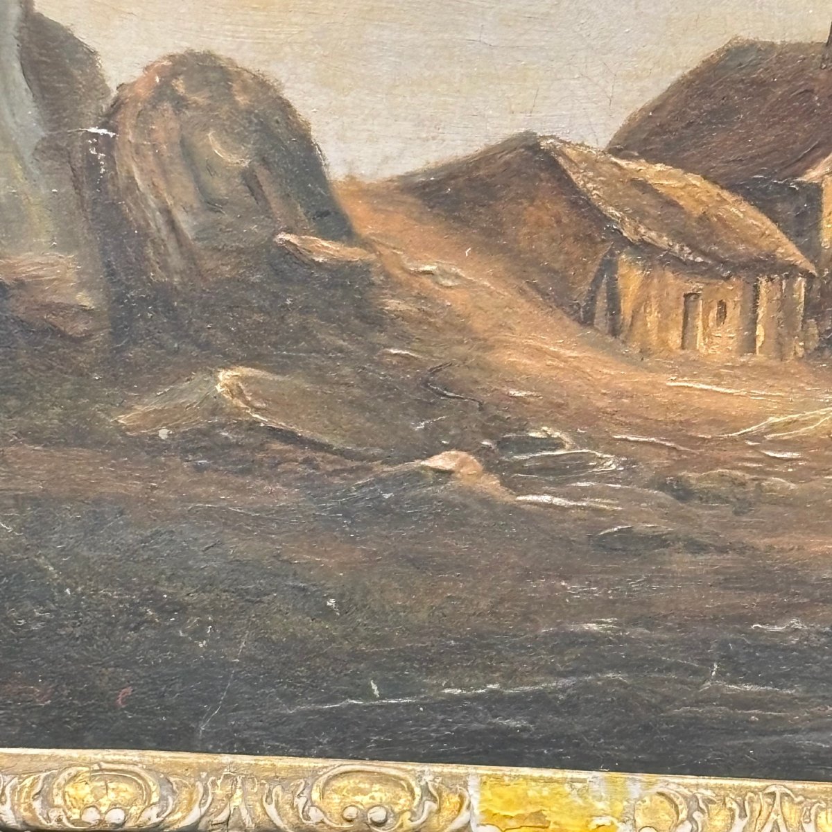 Antico paesaggio dipinto olio su tela  fiammingo marina e montagna firmato 1835. Mis 32,50 x 37-photo-2