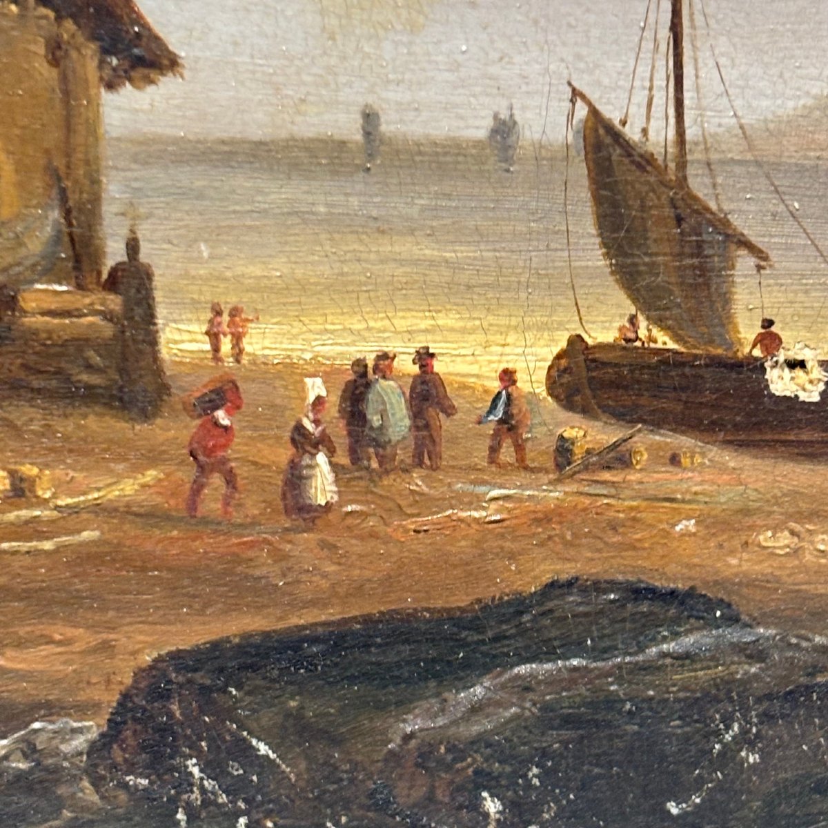 Antico paesaggio dipinto olio su tela  fiammingo marina e montagna firmato 1835. Mis 32,50 x 37-photo-7