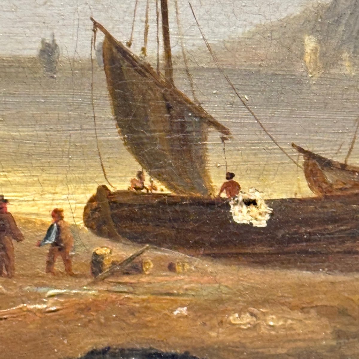 Antico paesaggio dipinto olio su tela  fiammingo marina e montagna firmato 1835. Mis 32,50 x 37-photo-8
