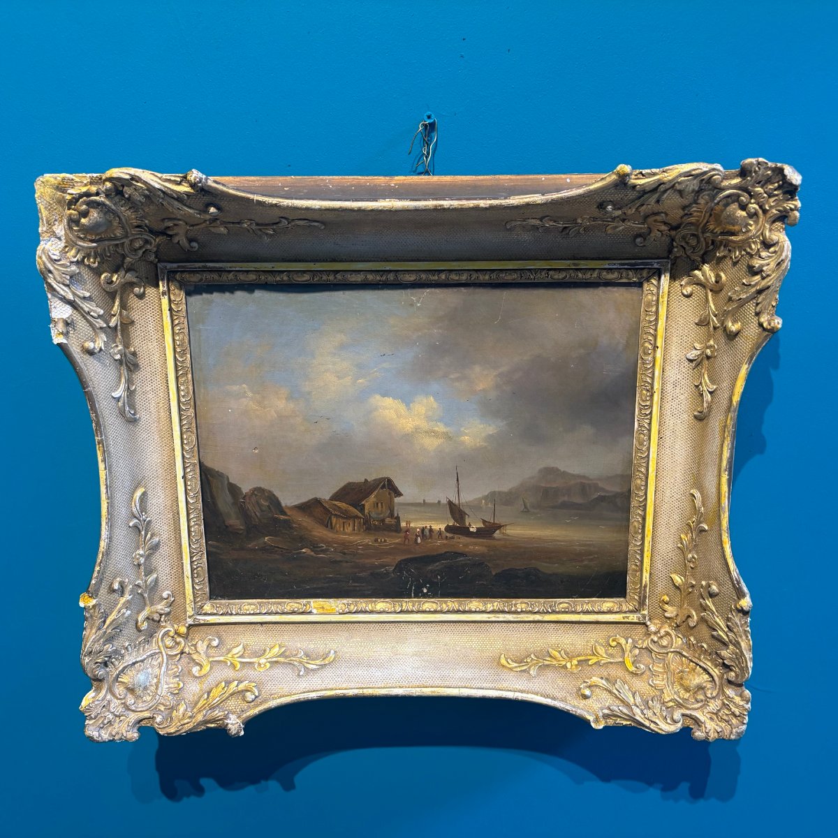 Antico paesaggio dipinto olio su tela  fiammingo marina e montagna firmato 1835. Mis 32,50 x 37