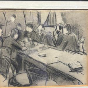 Mario Sironi .” La riunione “. Grafite e acquerello su Carta . cm 28 x cm 24 