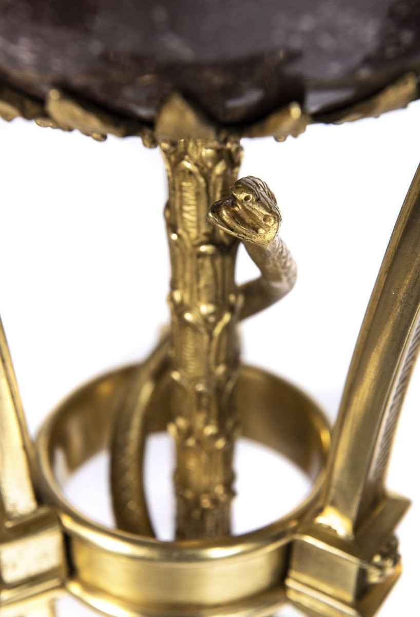 Coppia di cassolette tripodi in porfido rosso imperiale e bronzo dorato cesellato, Francia, ini-photo-3