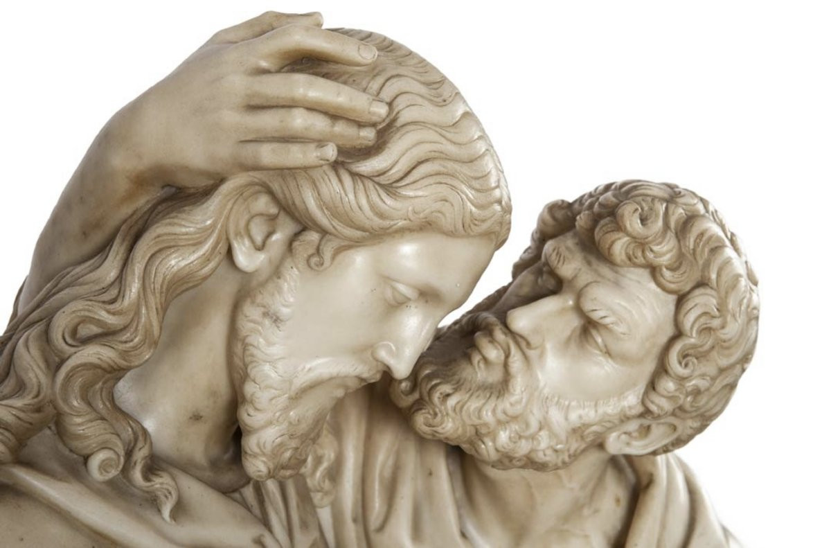 Gruppo scultoreo in marmo di Carrara raffigurante il Bacio di Giuda-photo-1