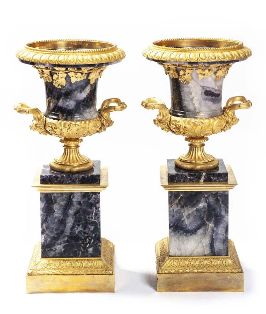 Coppia di vasi in Blue John e bronzo dorato, Inghilterra, fine XVIII - inizi XIX secolo