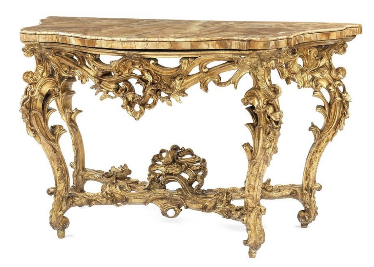 Console Luigi XV in legno scolpito e dorato con piano in alabastro, Francia, metà del XVIII sec