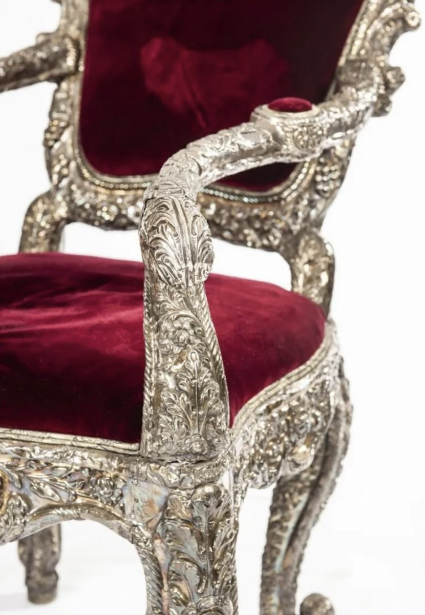 Poltrona ottomana in legno scolpito e laminato in argento, Turchia, fine XIX – inizi XX secolo-photo-3