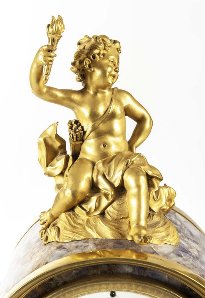 Orologio da mensola in ametista con quadrante astronomico e bronzi dorati-photo-4