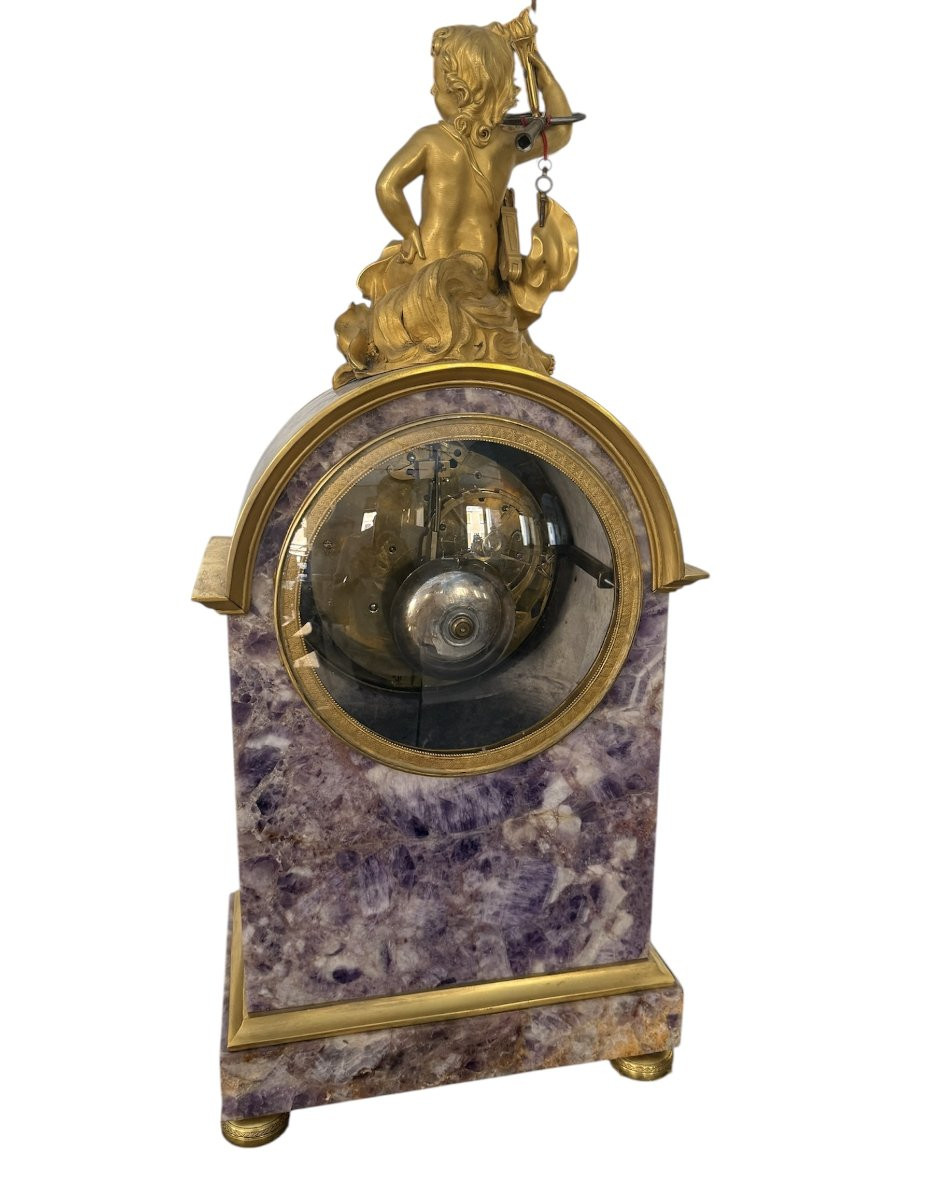 Orologio da mensola in ametista con quadrante astronomico e bronzi dorati-photo-2