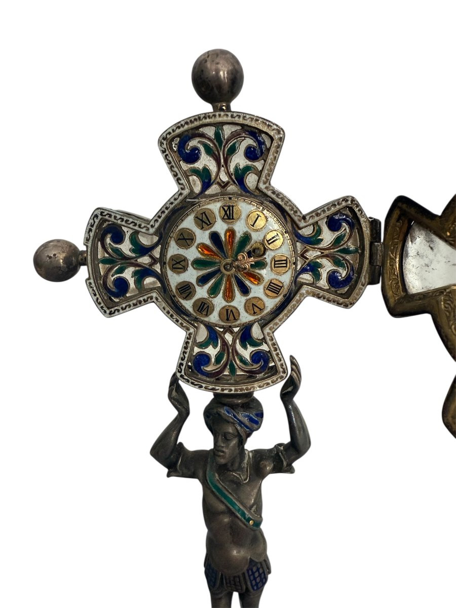 Orologio a figura di moro in argento con croce smaltata e base in cristallo di rocca-photo-2
