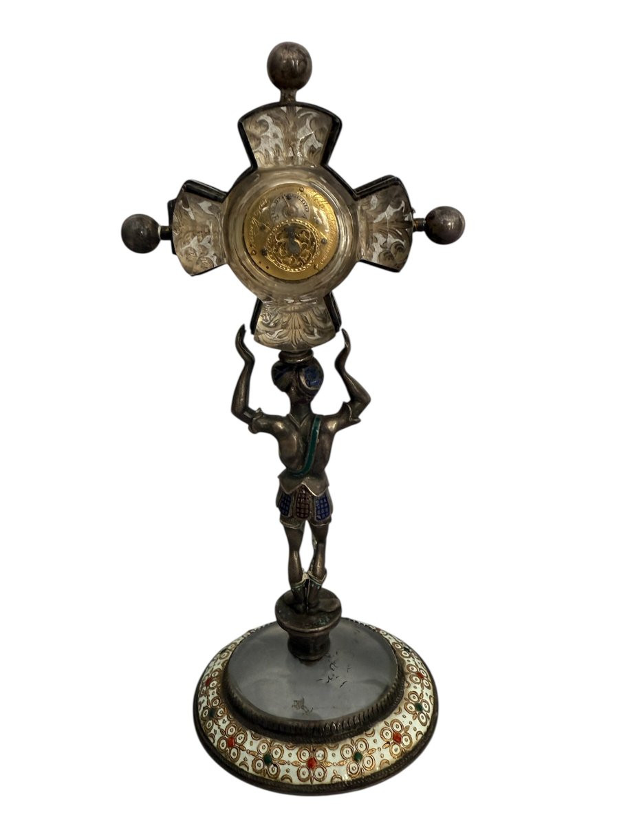 Orologio a figura di moro in argento con croce smaltata e base in cristallo di rocca-photo-3