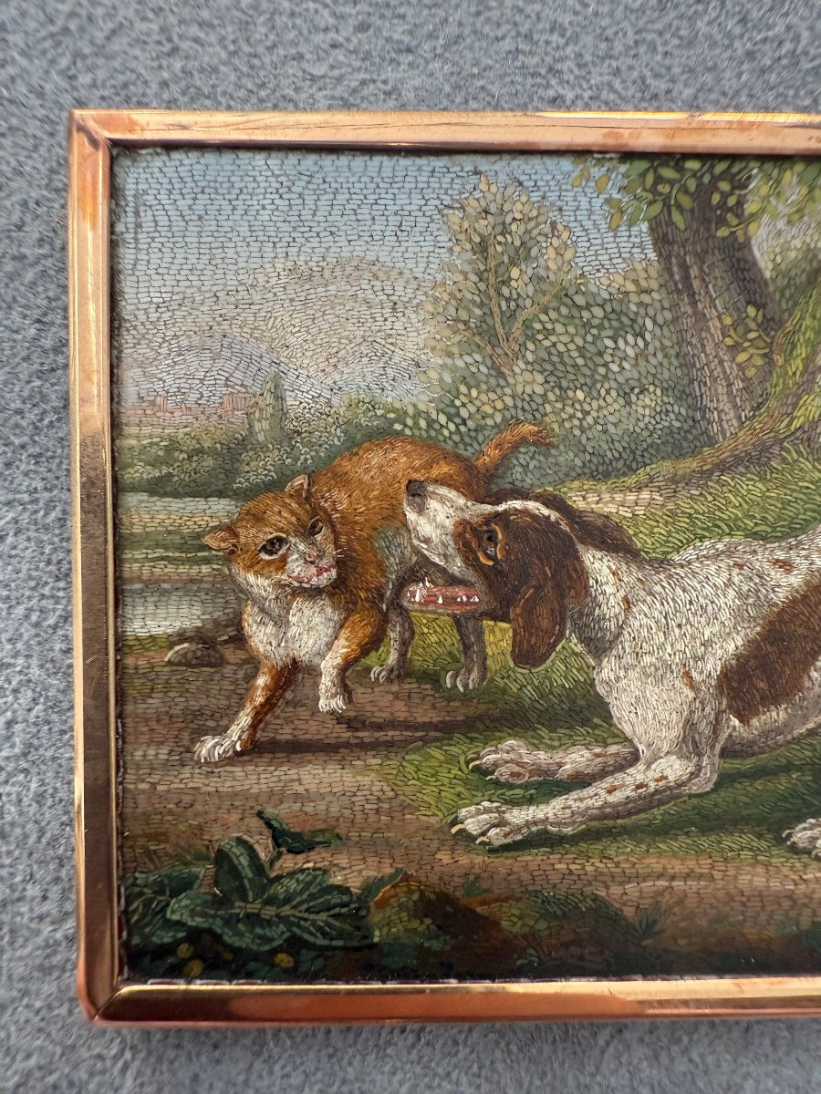 Placchetta in micromosaico romano con cane e gatto-photo-2
