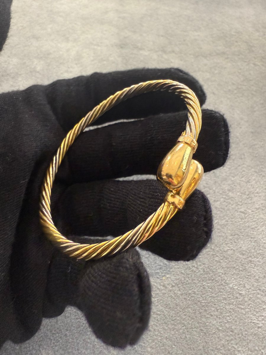 Bracciale rigido in oro 18 carati bicolore con finitura a corda ritorta-photo-3