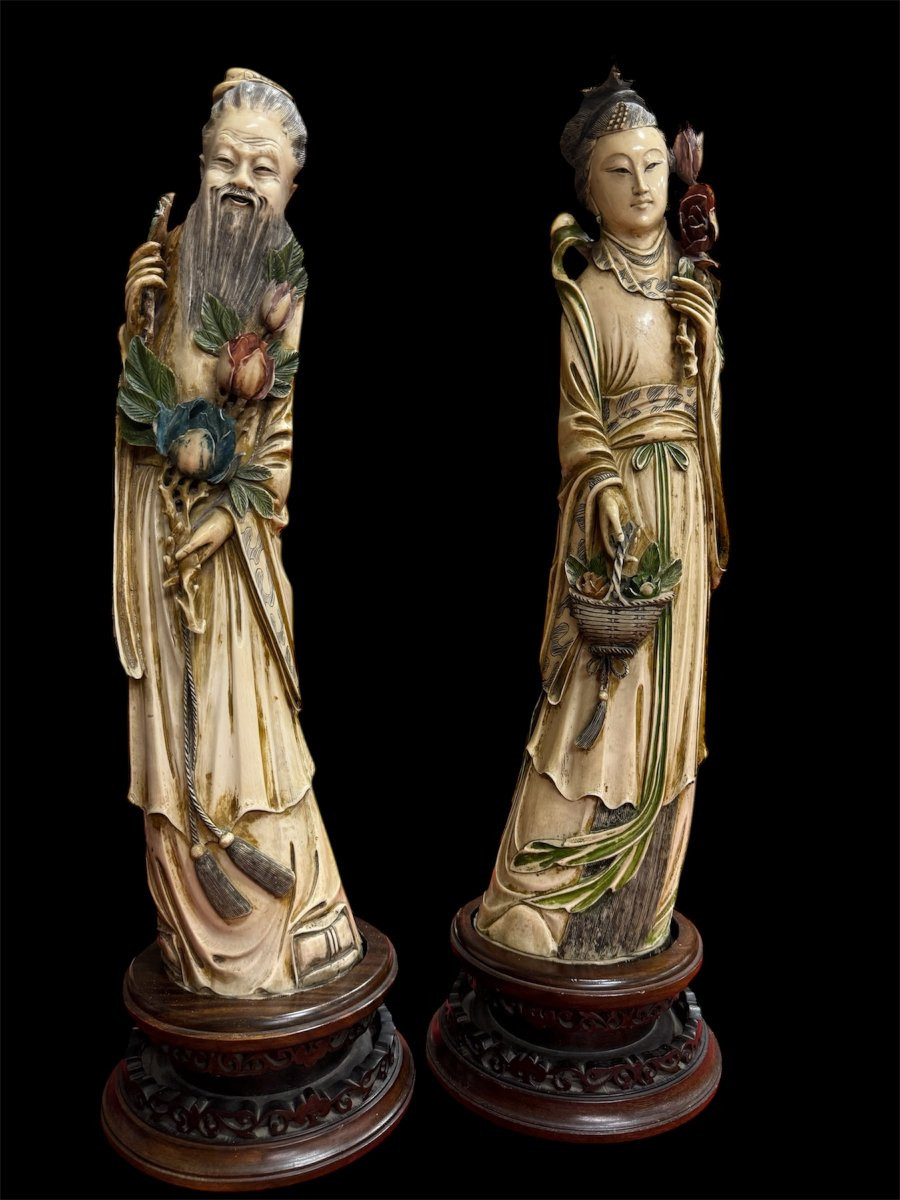 Coppia di grandi figure in avorio scolpito e policromato-photo-7