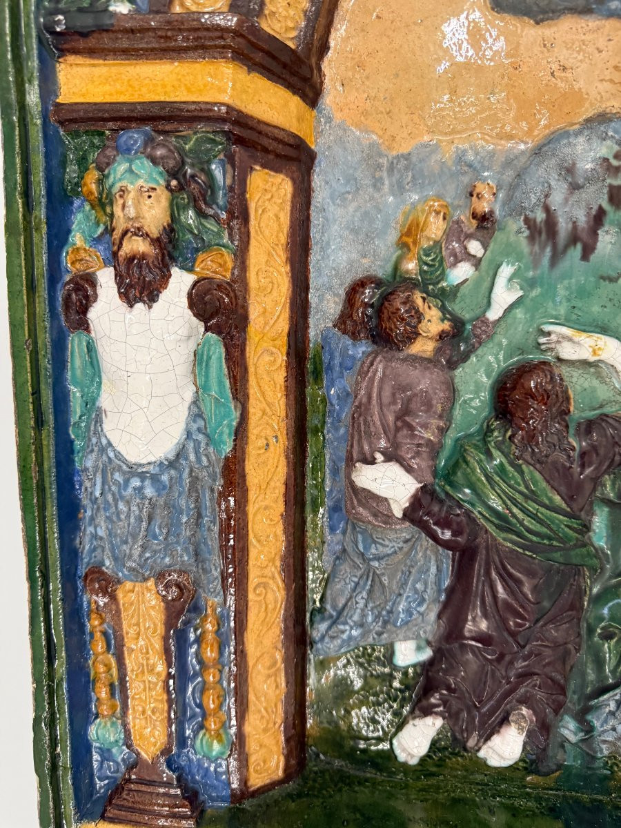 Grande placca votiva in maiolica policroma a rilievo, Sicilia (Caltagirone?), XVII secolo-photo-1