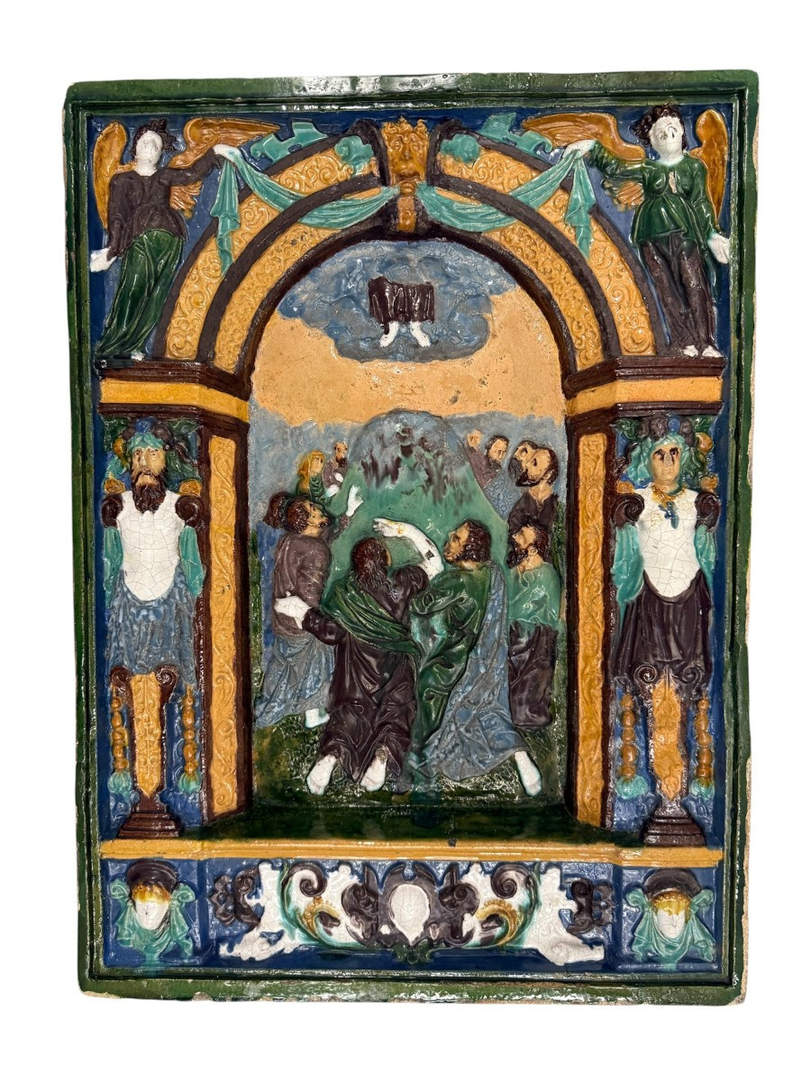 Grande placca votiva in maiolica policroma a rilievo, Sicilia (Caltagirone?), XVII secolo