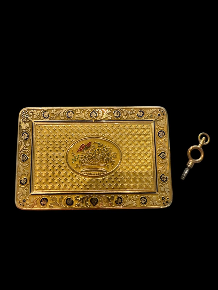 Tabacchiera musicale in oro 18 carati e smalti – Georges Raymond Lamy & Cie, Ginevra, ca. 1825–