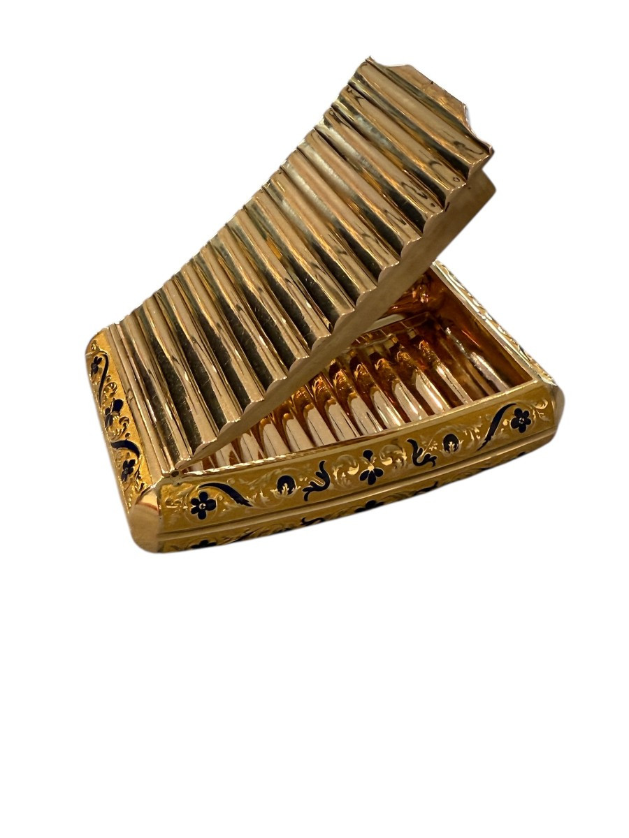 Tabacchiera curva da tasca in oro e smalti, Parigi, 1838–1850 ca., maestro orafo “AM”