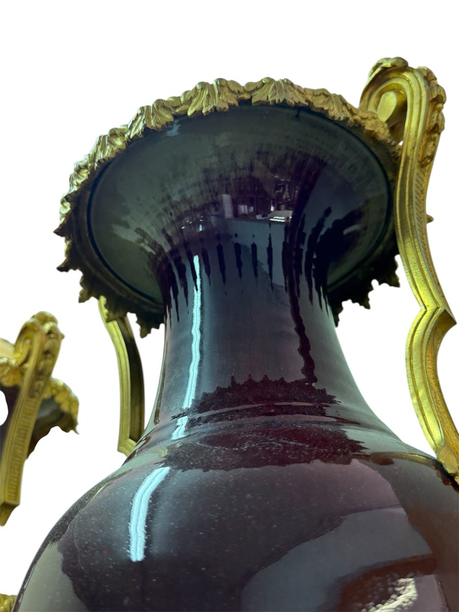 Coppia di vasi francesi in porcellana “sangue di bue” con montature in bronzo dorato, XIX secol-photo-6