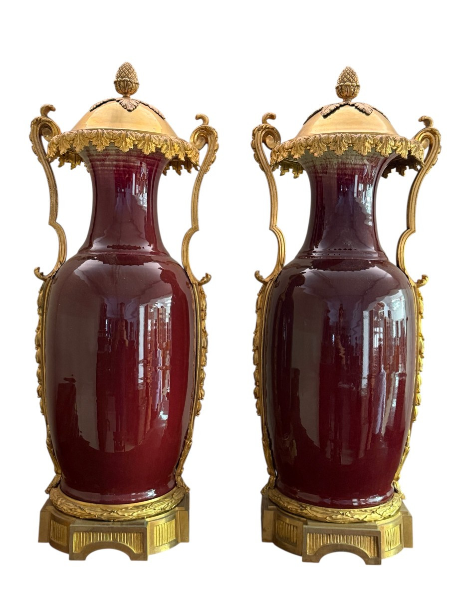 Coppia di vasi francesi in porcellana “sangue di bue” con montature in bronzo dorato, XIX secol