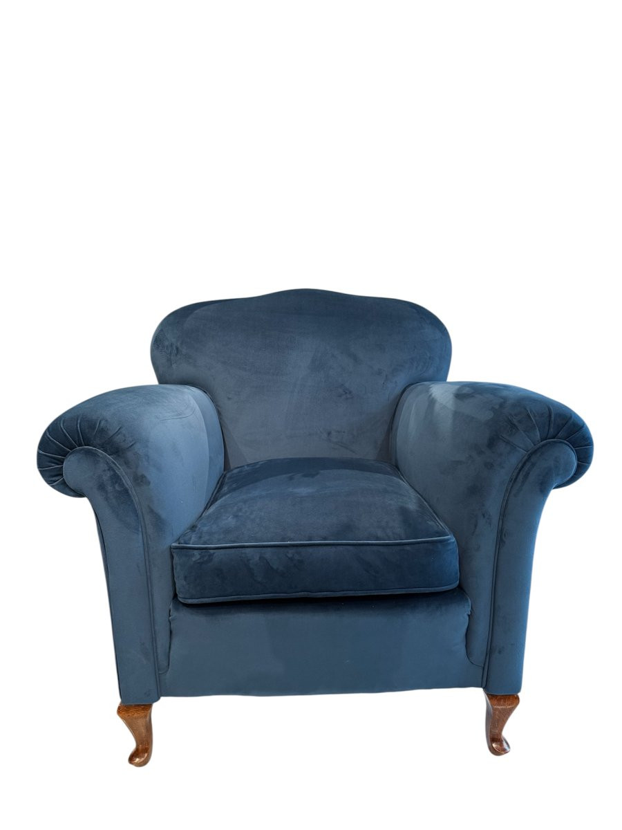 Coppia di poltrone con pouf in velluto blu cangiante-photo-3