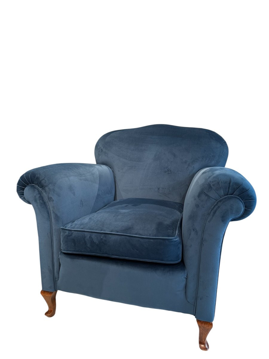 Coppia di poltrone con pouf in velluto blu cangiante-photo-4