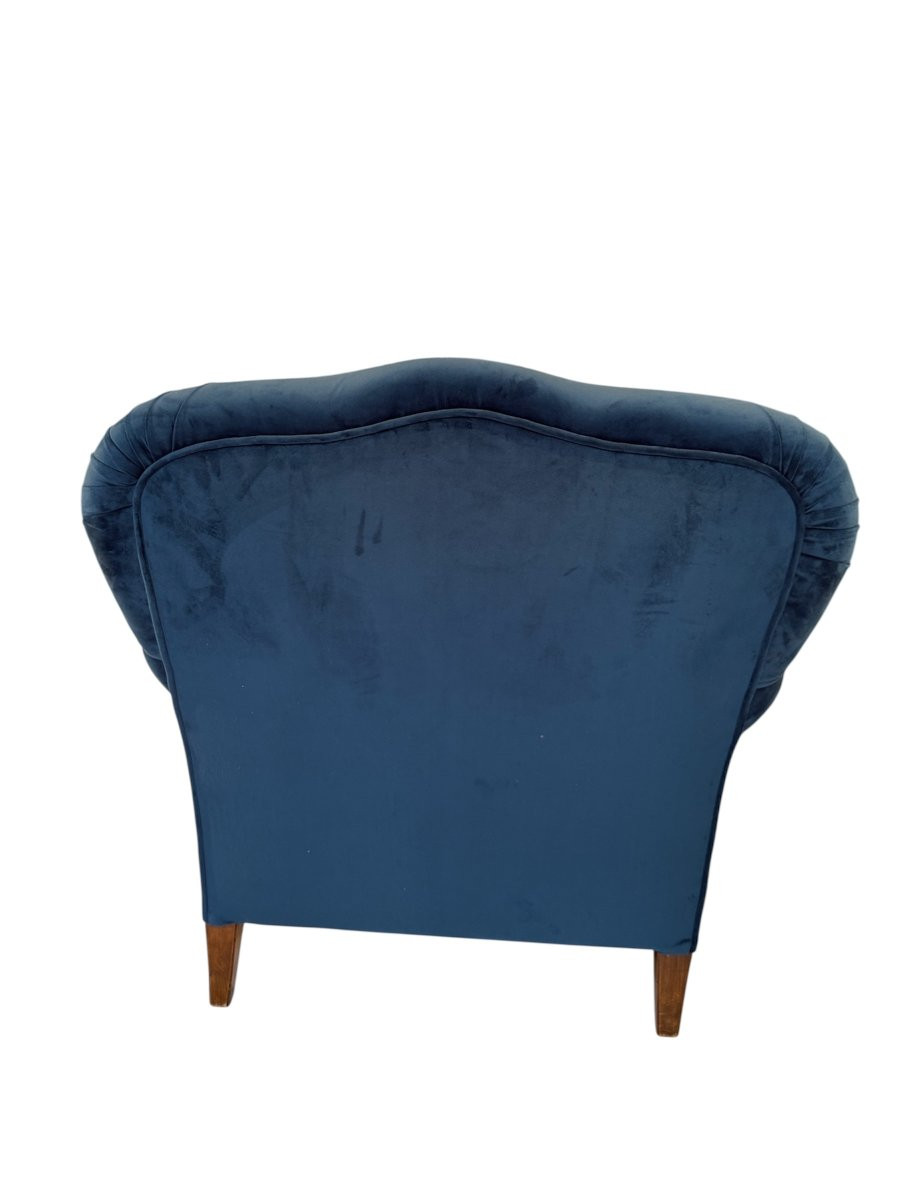 Coppia di poltrone con pouf in velluto blu cangiante-photo-2