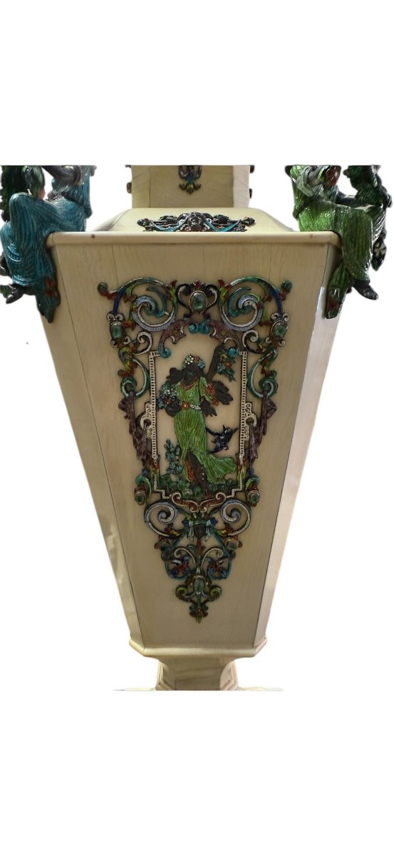 Coppia di vasi in avorio e smalti policromi, Vienna, XIX secolo-photo-4