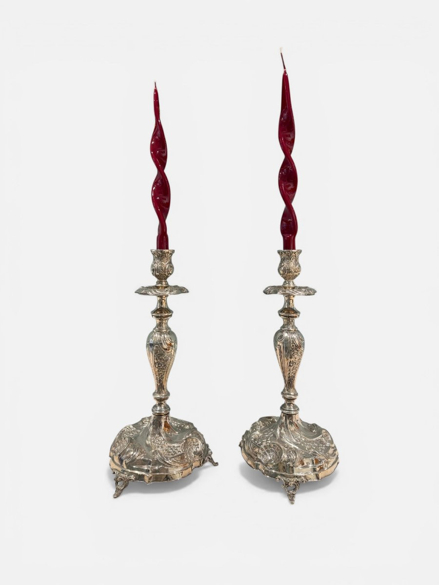 Elegante coppia di candelieri a una luce in argento-photo-2