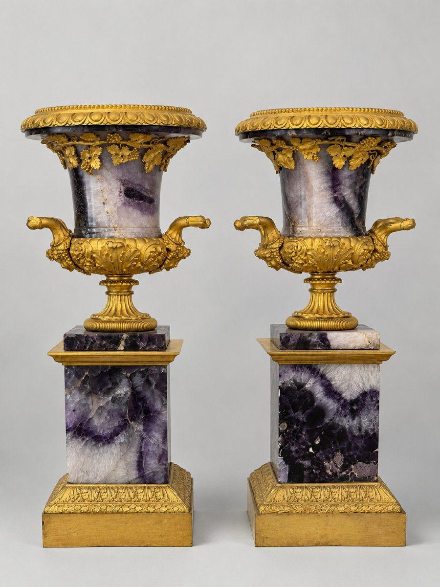 Coppia di cassolette in Blue John e bronzo dorato, attribuibili a Pierre-Philippe Thomire