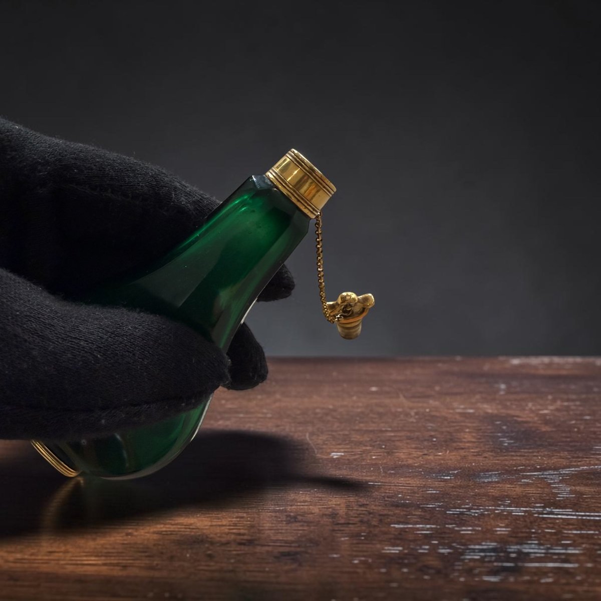 Raffinato flacone da profumo francese in vetro verde sfaccettato e oro 18 carati-photo-4