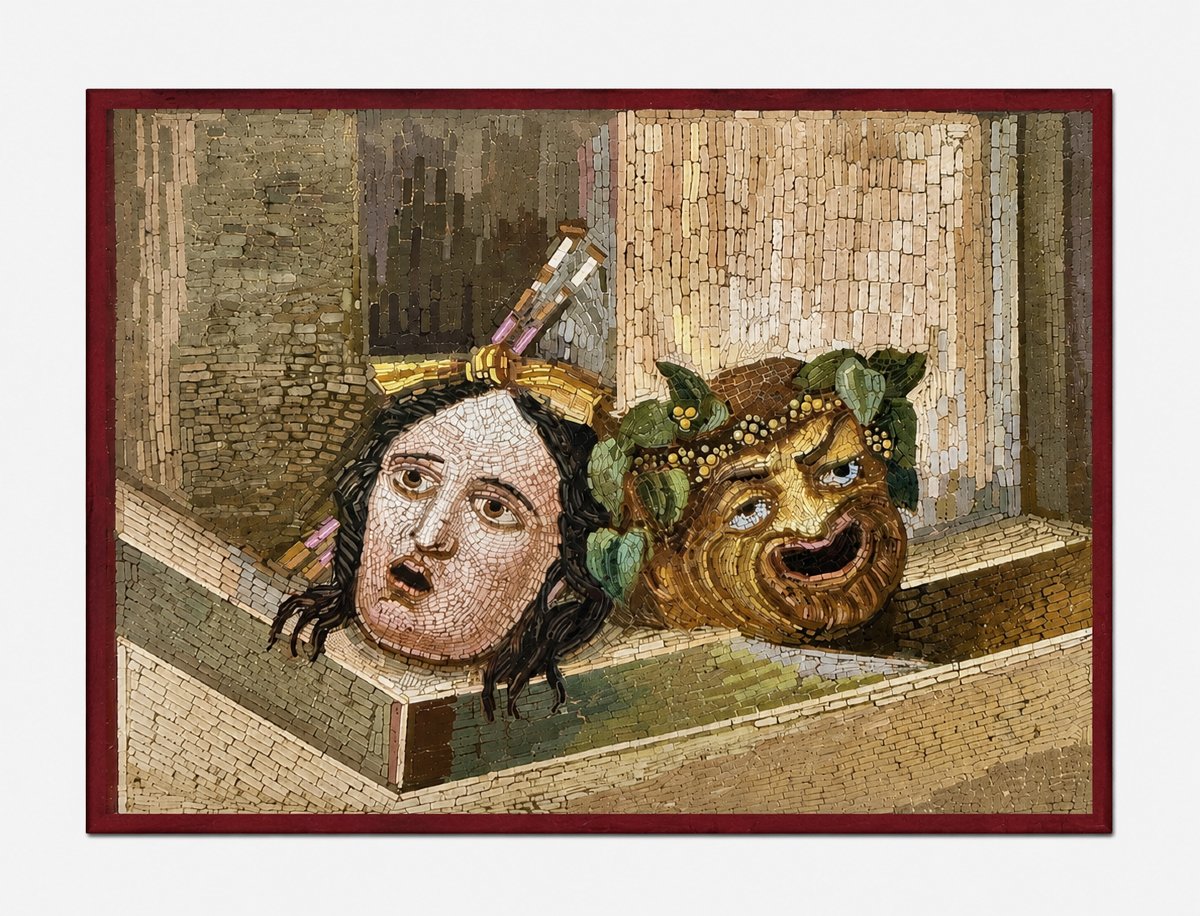 Raro micromosaico romano con testa della Medusa e maschera teatrale-photo-3