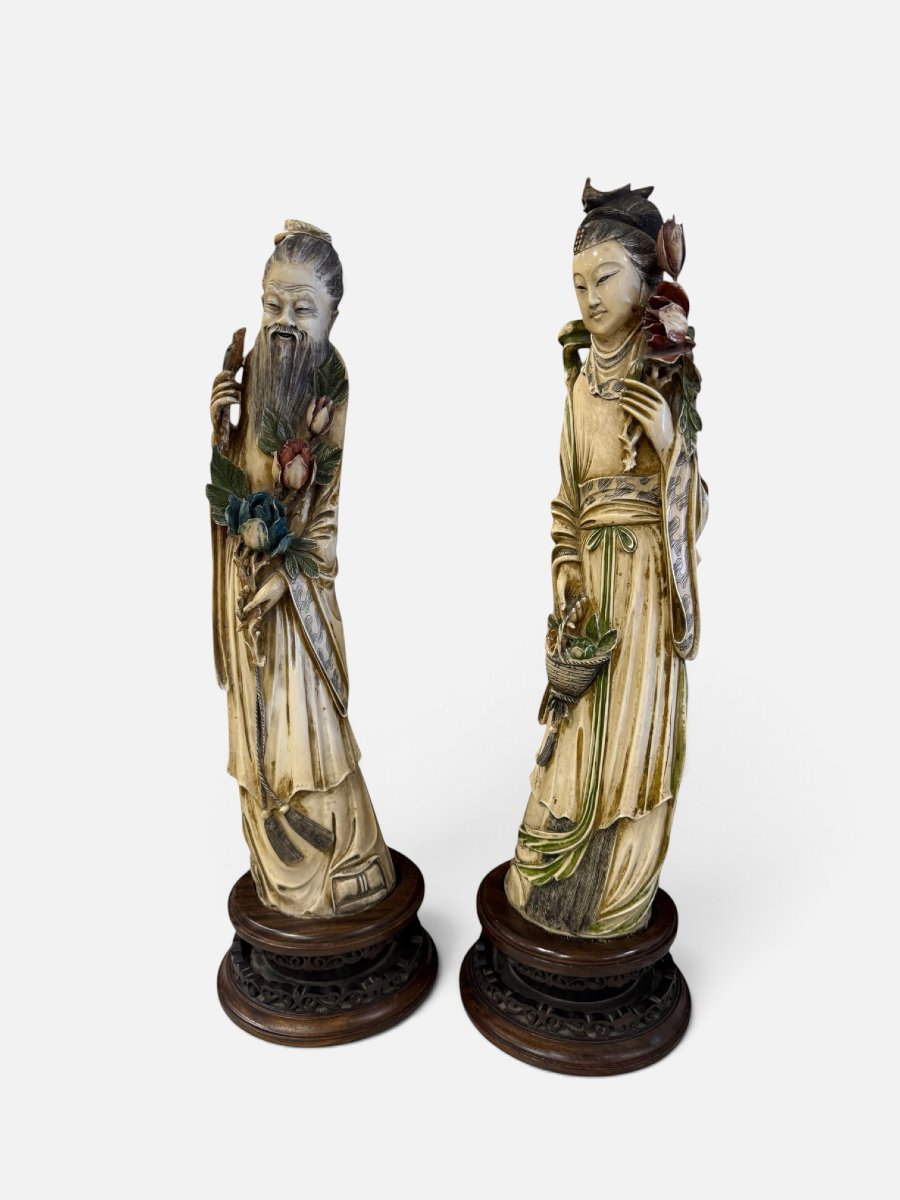  Importante coppia di sculture cinesi in avorio policromo-photo-2