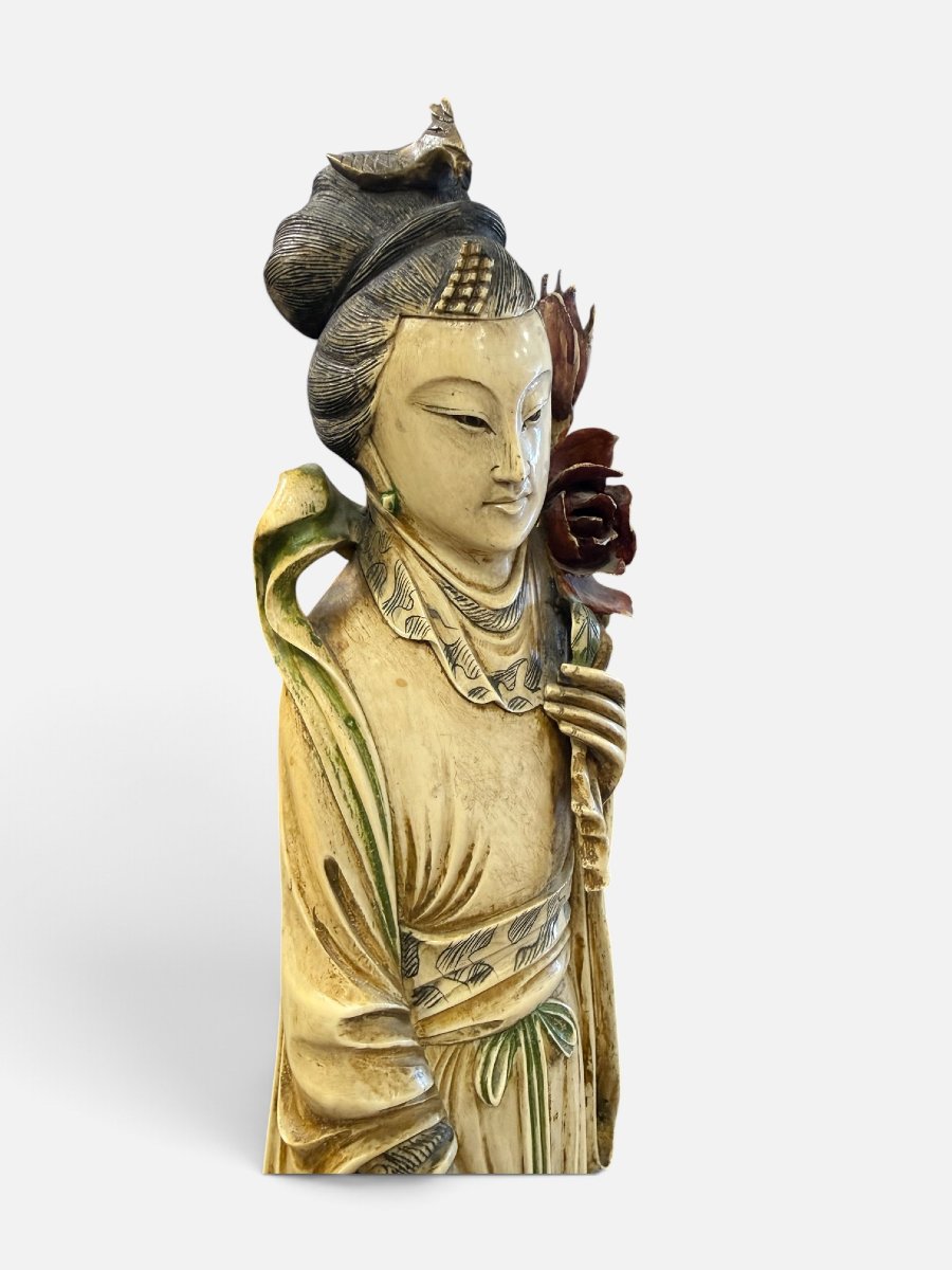  Importante coppia di sculture cinesi in avorio policromo-photo-3