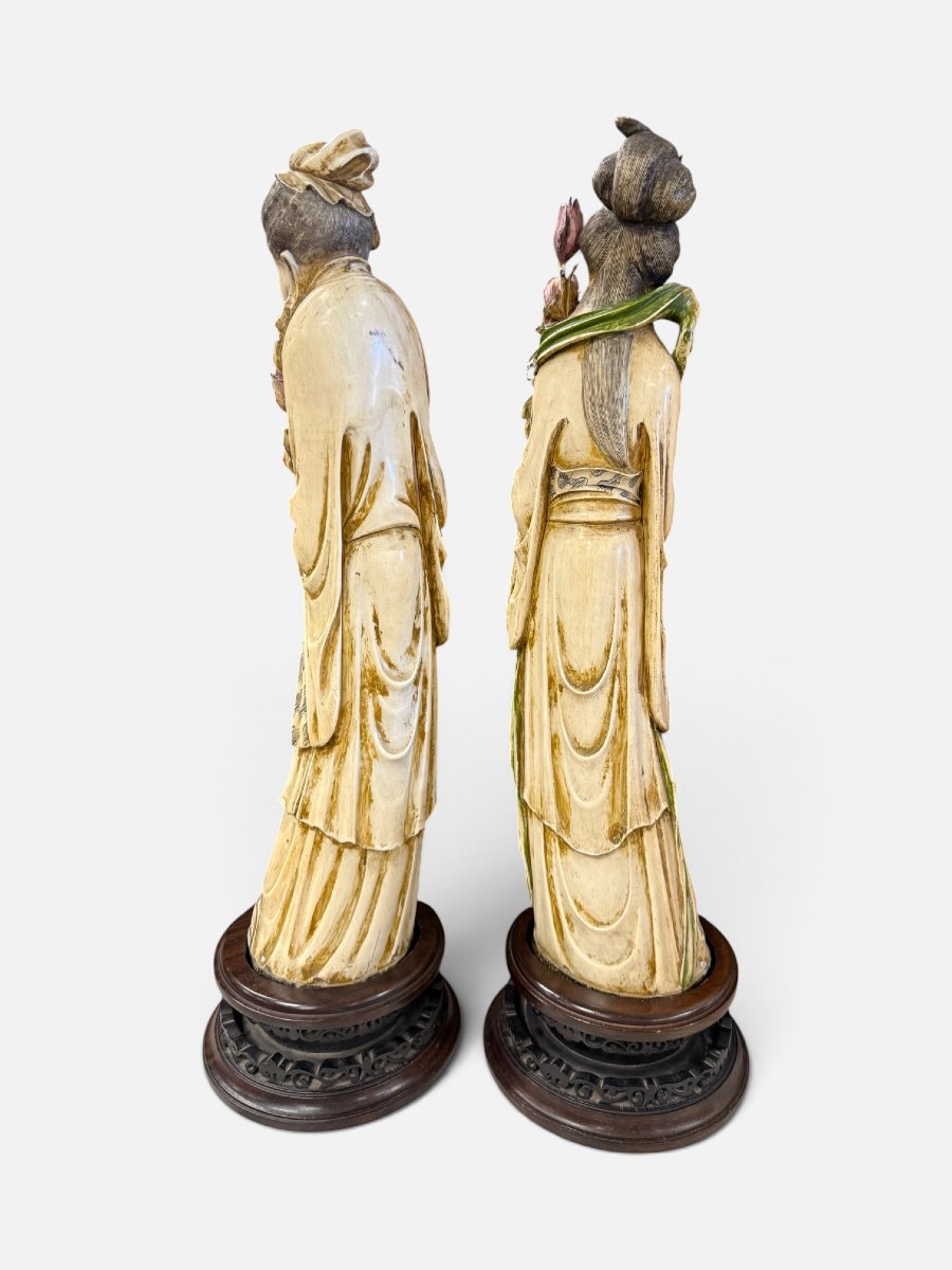  Importante coppia di sculture cinesi in avorio policromo-photo-2