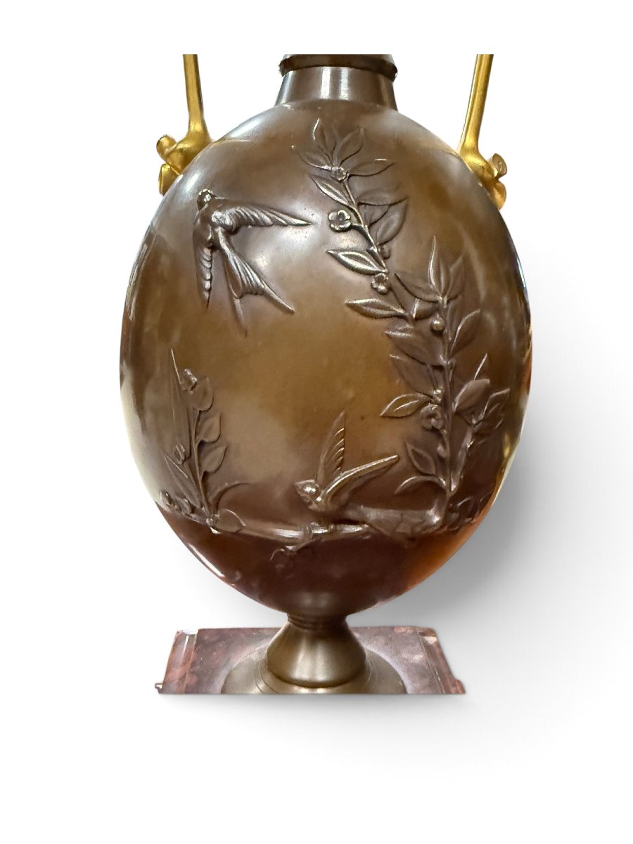 Coppia di importanti vasi-candelabri in bronzo firmati Ferdinand Barbedienne e Henry Cahieux-photo-3