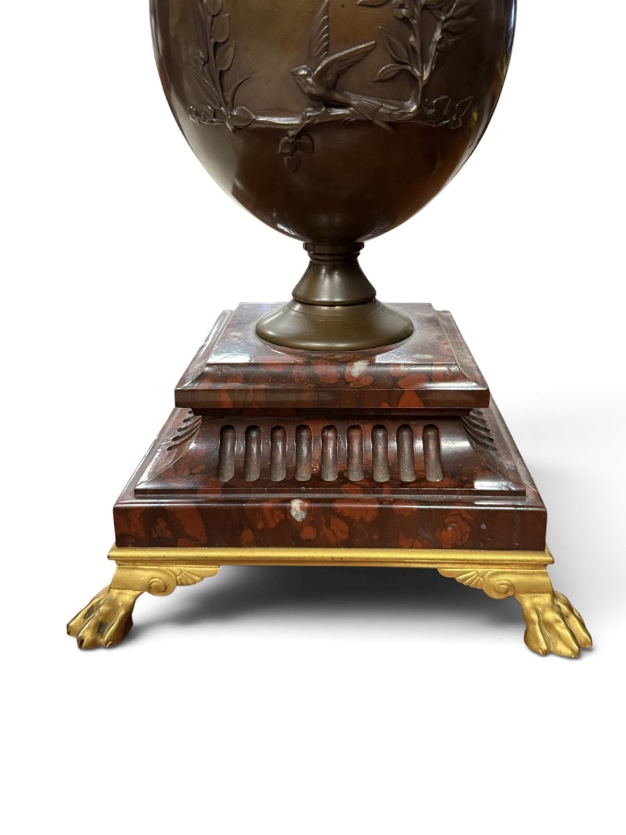 Coppia di importanti vasi-candelabri in bronzo firmati Ferdinand Barbedienne e Henry Cahieux-photo-4
