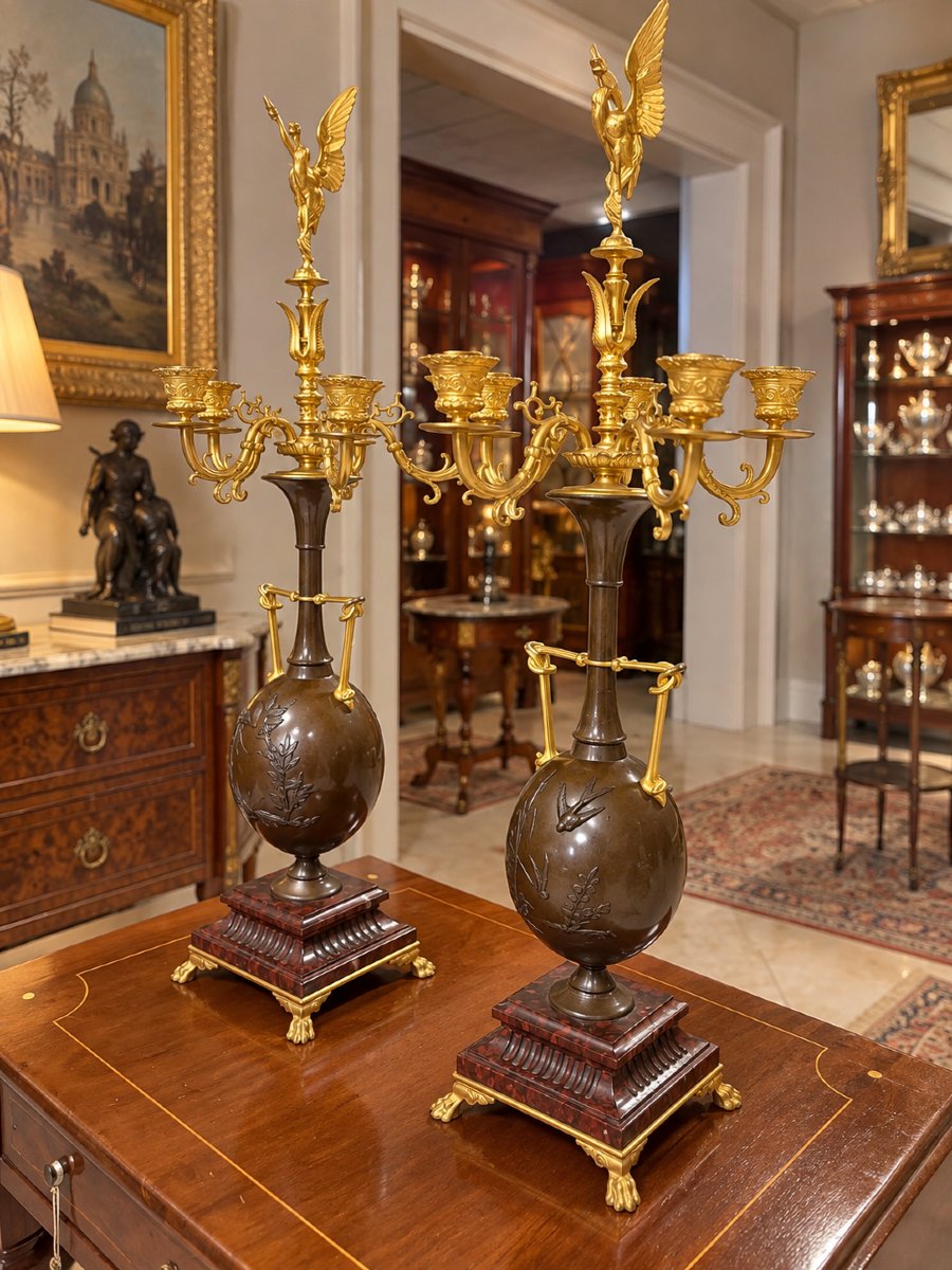 Coppia di importanti vasi-candelabri in bronzo firmati Ferdinand Barbedienne e Henry Cahieux